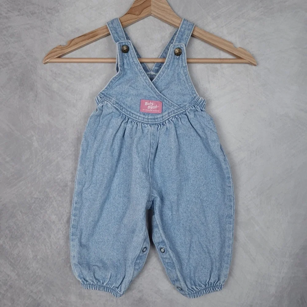 Vntg OshKosh B'gosh Denim Overalls Baby Girls12M Light Blue Pleated Vestbak USA